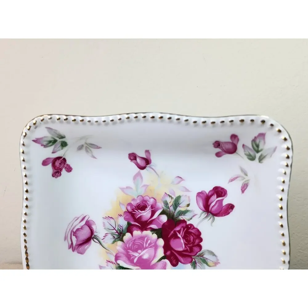 Square Bowl Floral Design Pink Roses 8 1/4